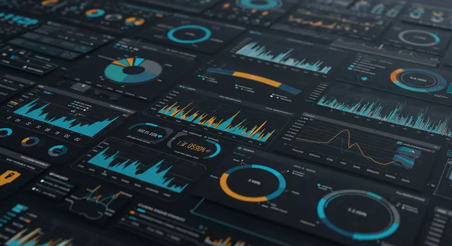 A complex dashboard showing financial metrics, cloud resource usage graphs, and data analytics visualizations, symbolizing the convergence of data, finance, and cloud operations for FinOps.